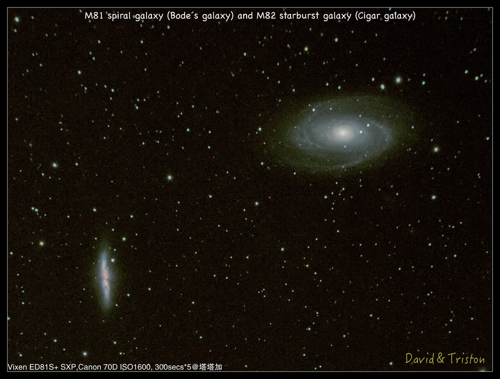 M81 spiral galaxy (Bode´s galaxy) and M82 starburst galaxy (Cigar galaxy).jpg - 20141122 塔塔加停車場拍星